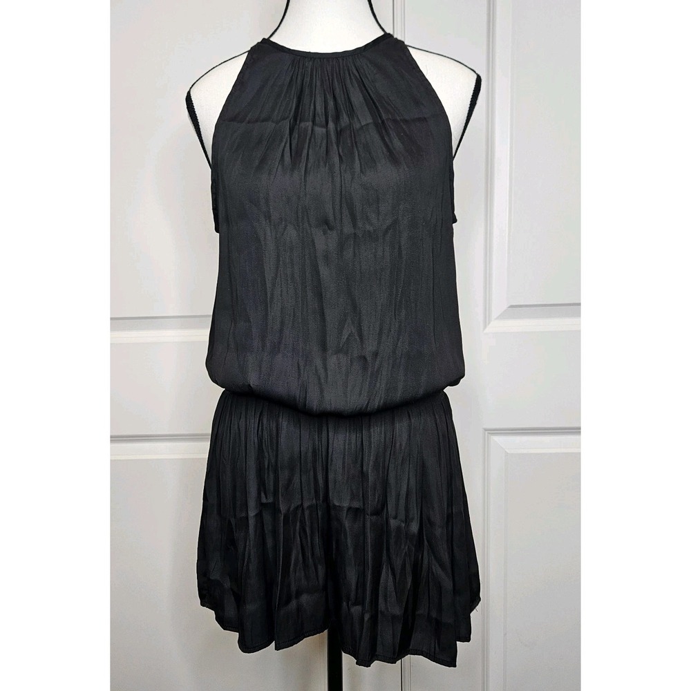 Miou‎ Muse Mini Dress High Neck Smocked Waist  Size Small Black Chic Gothic